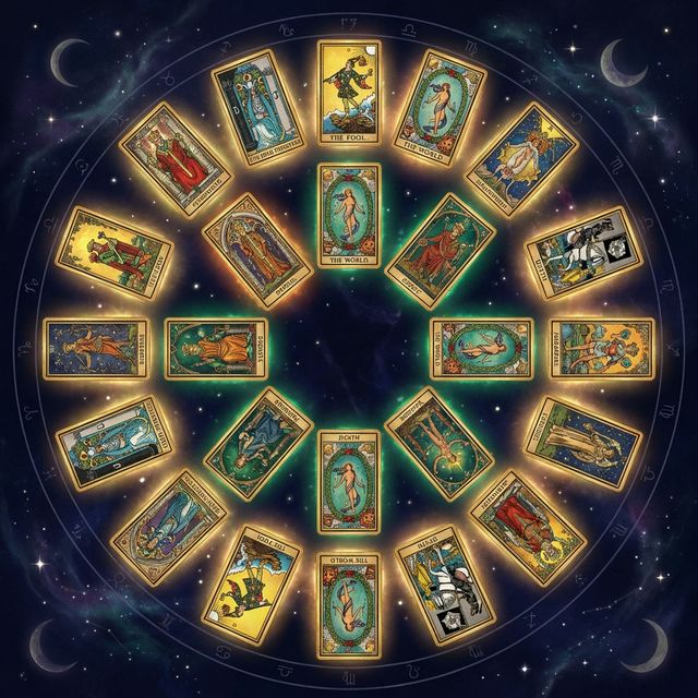 22 tarot Major Arcana cards arranged in a glowing golden mandala circle on a starry background