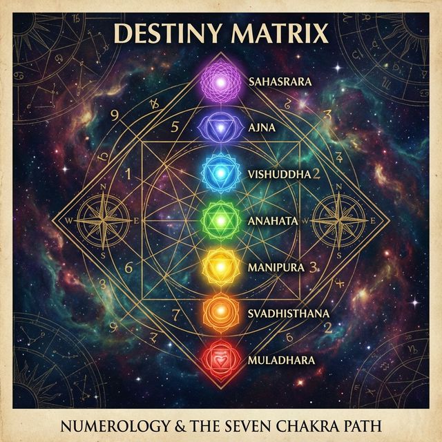Seven chakras mapped onto a destiny matrix diamond chart with colorful energy centers
