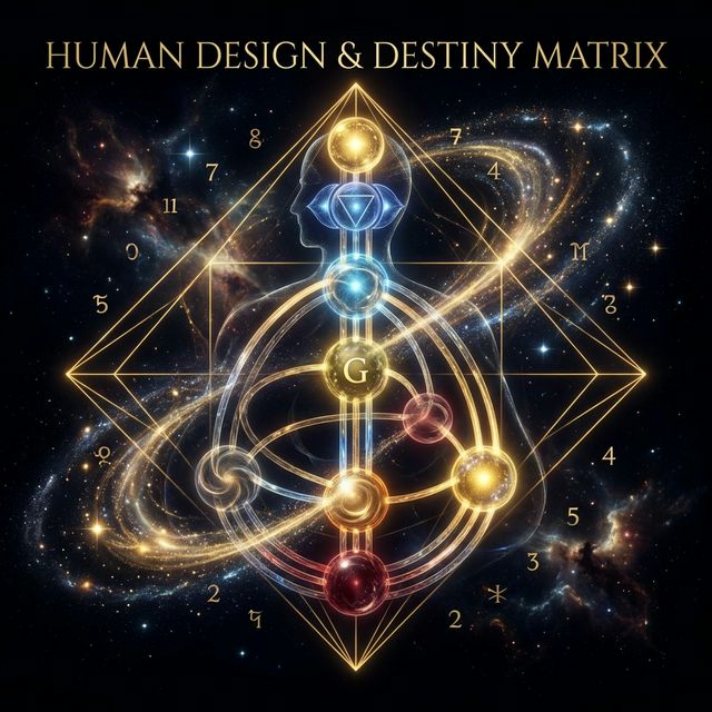 Human Design bodygraph overlaid with a golden destiny matrix diamond showing energy centers