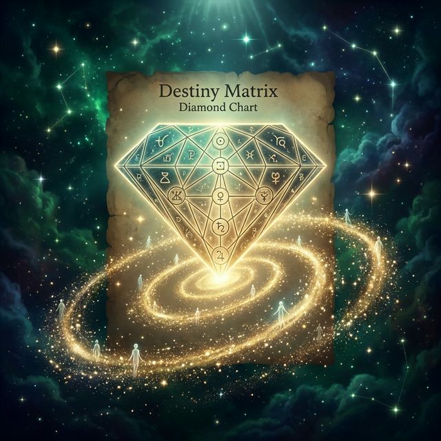 Golden karmic spiral extending from a destiny matrix diamond chart on a cosmic background