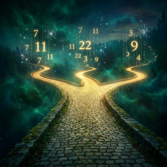Glowing golden paths diverging in a mystical forest with numerology numbers floating above