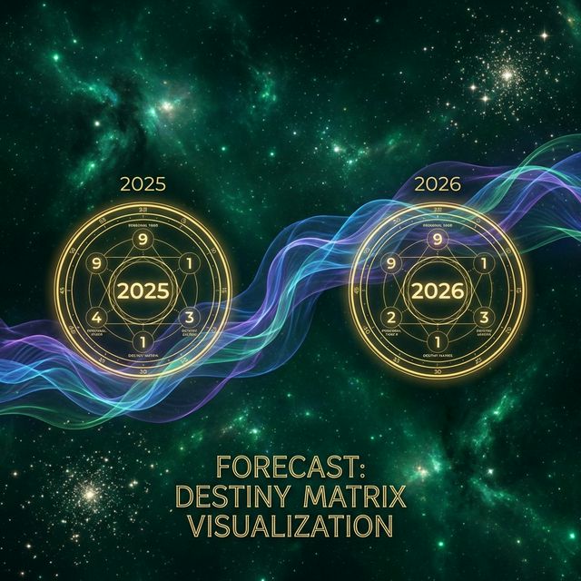2025 and 2026 personal year forecast circles with numerology numbers on a green cosmic background