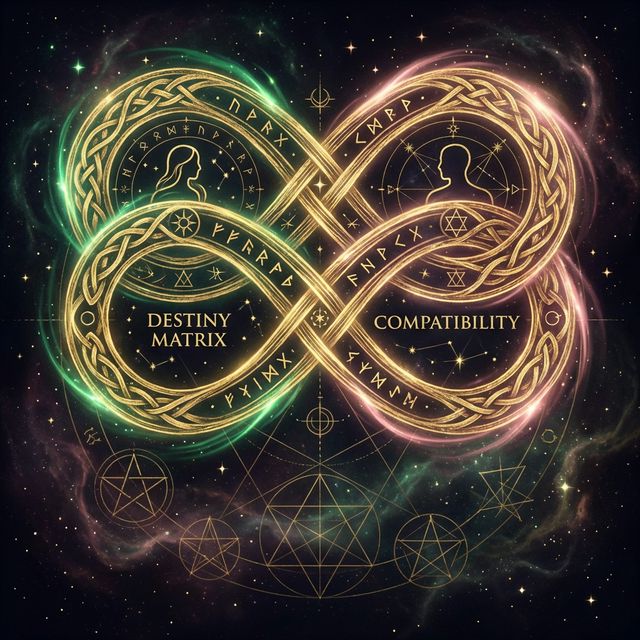Two golden infinity loops intertwined representing destiny matrix relationship compatibility