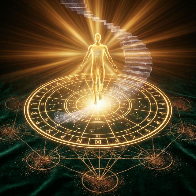 A luminous golden figure ascending a staircase from a numerology matrix, symbolizing soul purpose